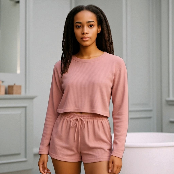 Capella Sleep Set Womens Small Pink Long Sleeve Top & Shorts Ribbed Knit Stretch - Picture 1 of 11